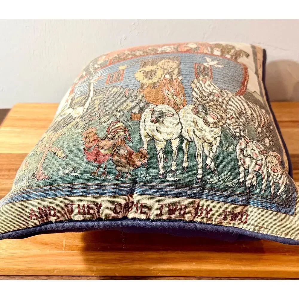 Vintage Noah's Ark Tapestry Pillow | Woven Animal Cushion, Folk Art Decor